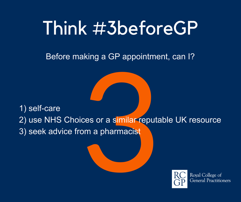 Think #3beforeGP. Before making a GP appointment, can I 1. self-care. 2. use NHS Choices or a similar reputable UK resource. 3. seek advice from a pharmacist